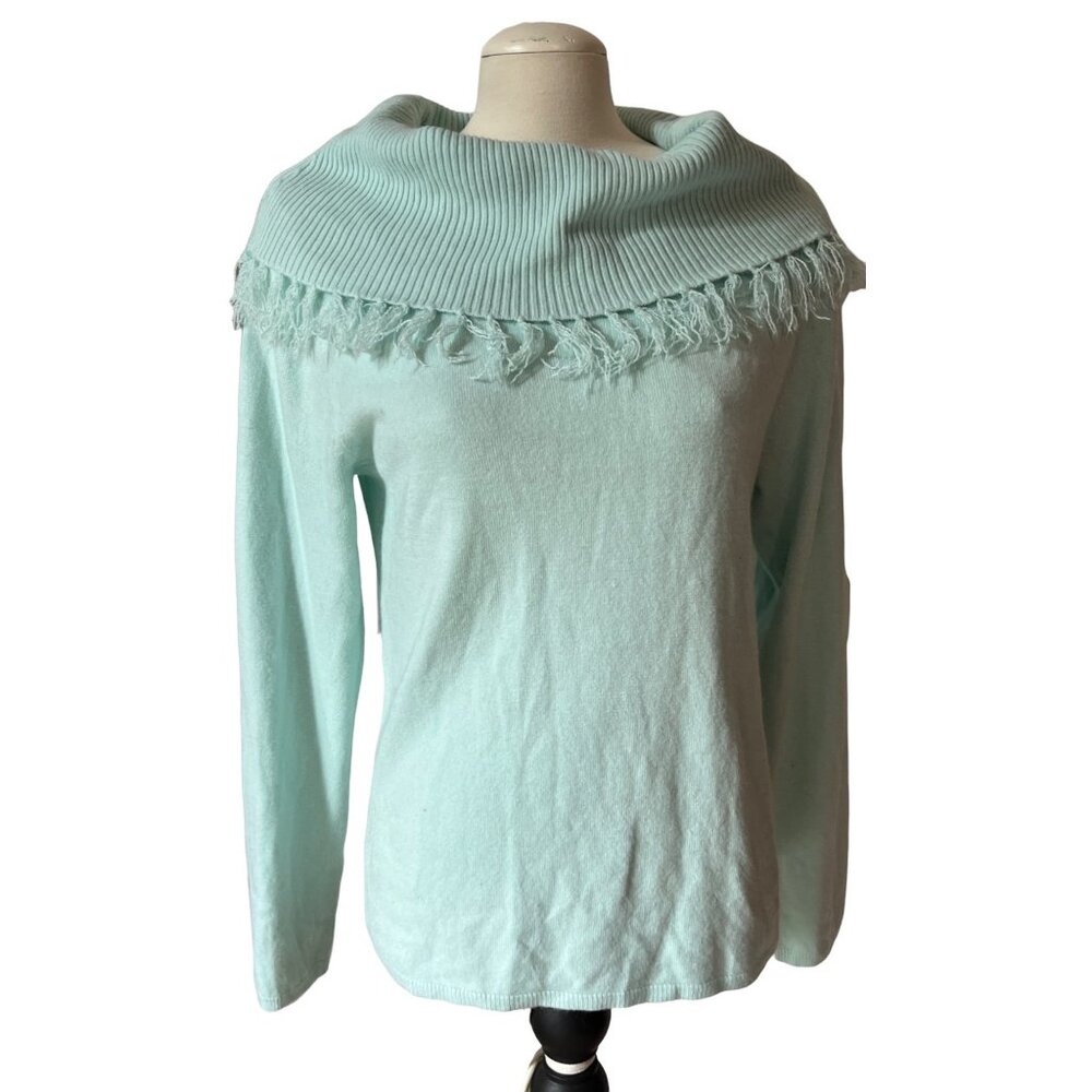 Crystal Kobe Fringed Cowl Neck Aquamarine Sweater Appx Sz Large Very Soft Light